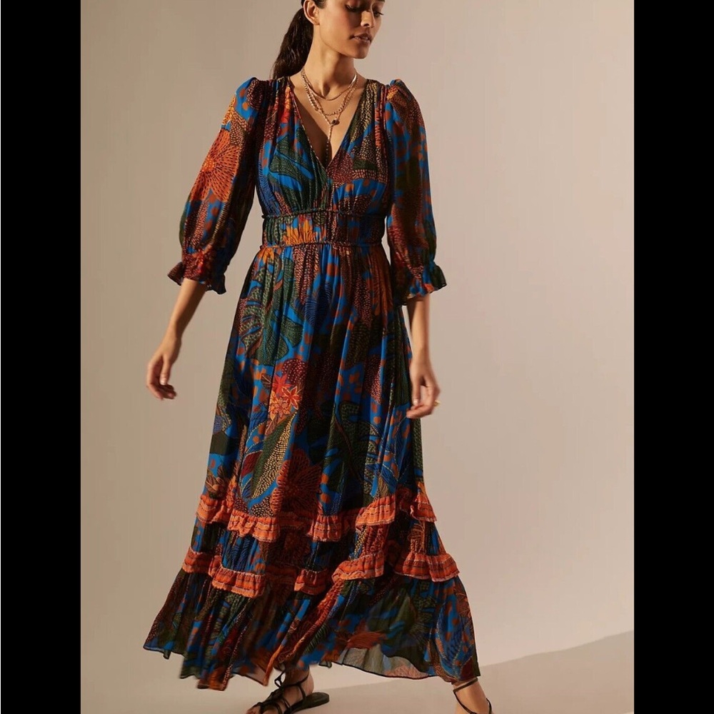 FARM Rio Blue and Orange Floral Maxi Dress
